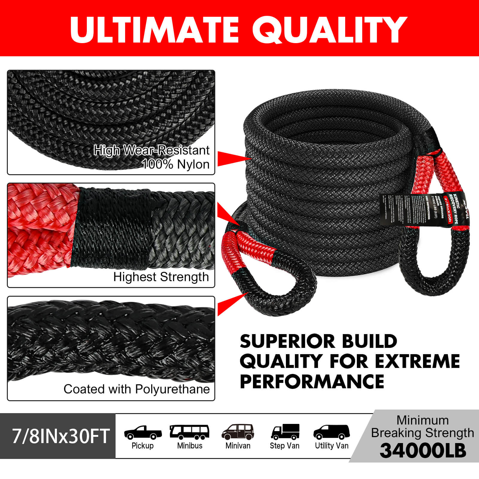 X-BULL Snatch Strap Soft Shackles Kinetic Recovery Rope Folding Shovel Survival 3