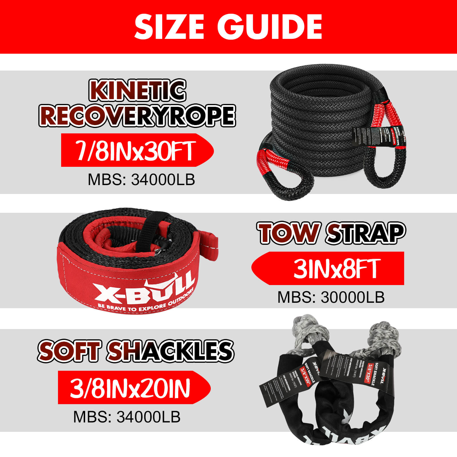 X-BULL Snatch Strap Soft Shackles Kinetic Recovery Rope Folding Shovel Survival 4