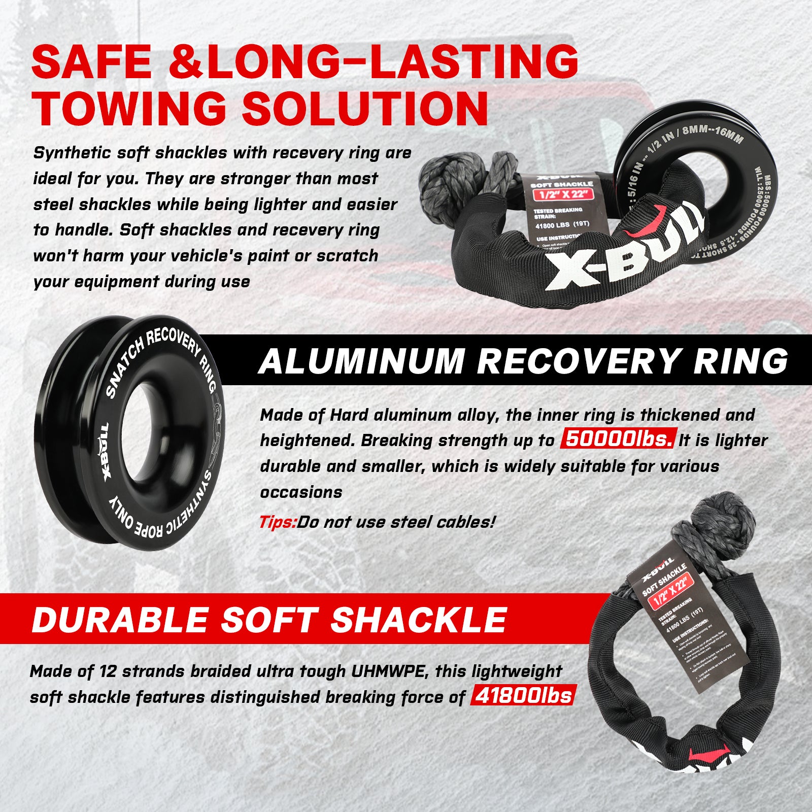 X-BULL 4WD Winch Recovery Kit 12Pcs Recovery Tracks Snatch Strap Soft Shackles Recovery Ring 6