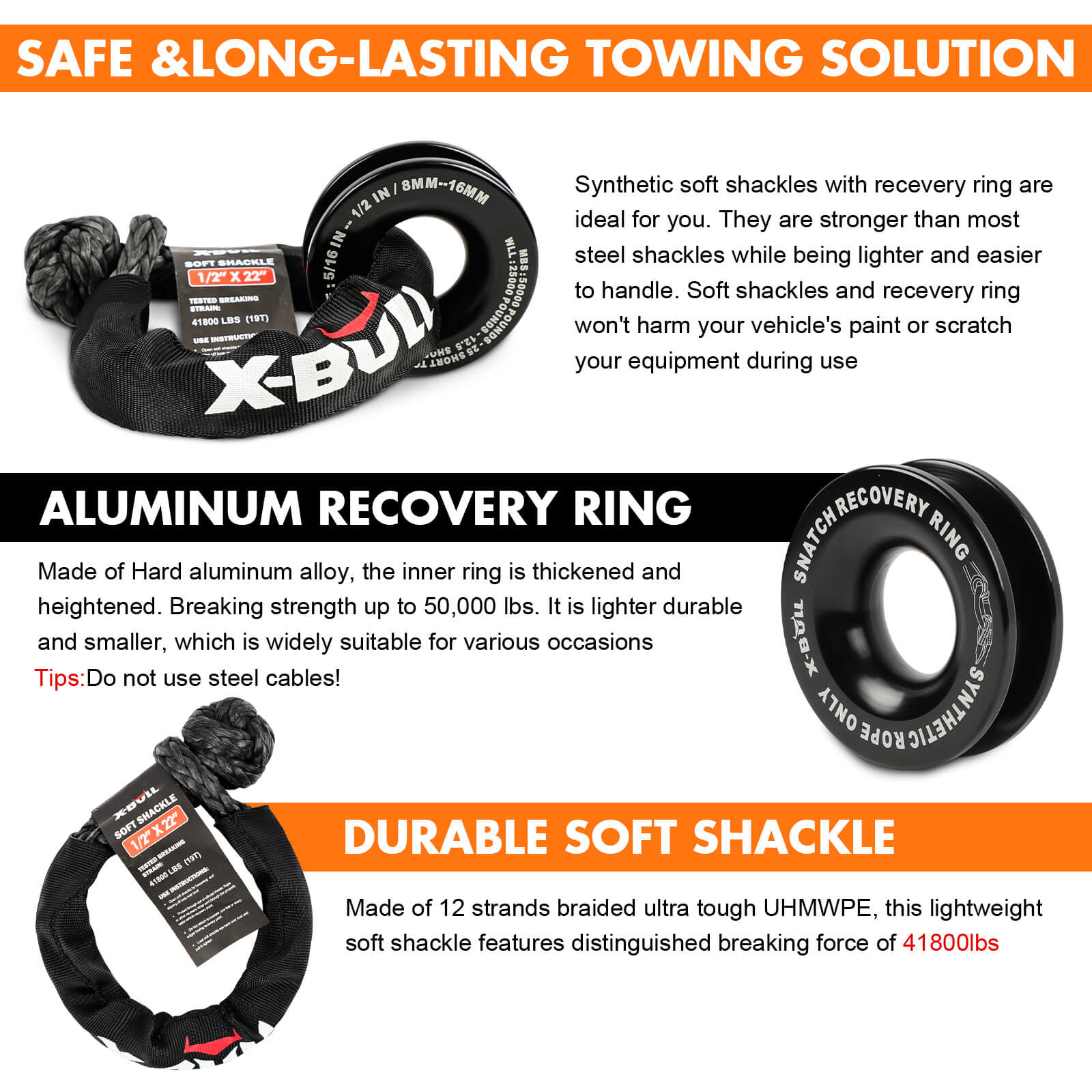X-BULL 4WD Recovery Kit Snatch Strap Soft Shackles Folding Shovel Survival 4X4 4