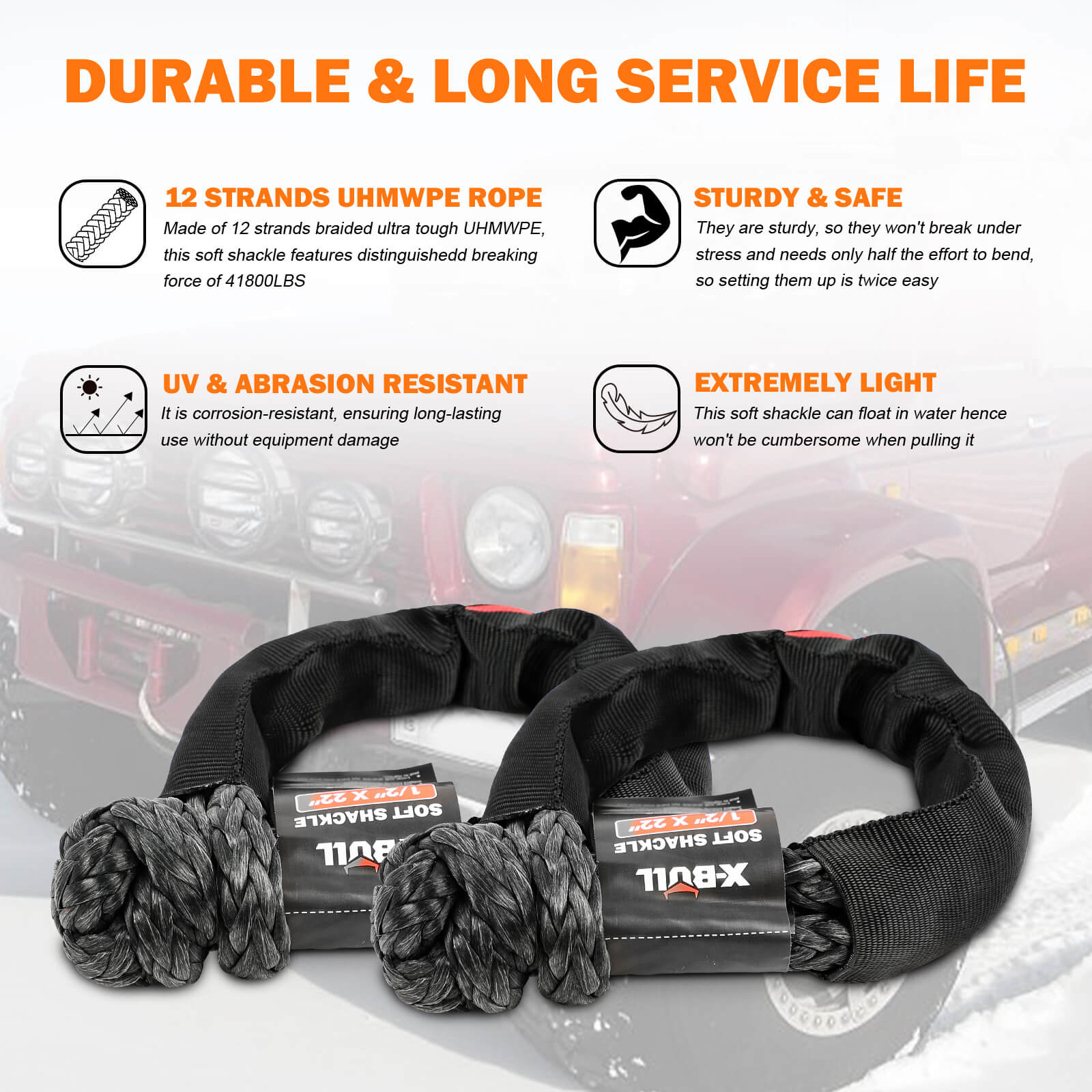 X-BULL 4WD Recovery Kit Off Road Snatch Strap Soft Shackles Snatch Block Pulley 3