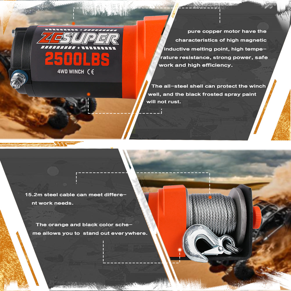 ZESUPER Electric Winch 2500LBS/1134KG 12V 15.2M Steel Cable ATV UTV 4WD 4X4 Boat 4