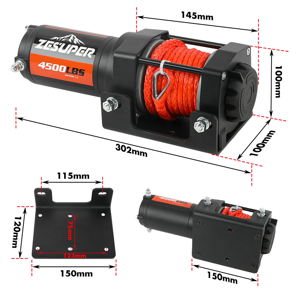ZESUPER 12V Winch 4500LBS Electric Winch ATV Winch Synthetic Rope BOAT Trailer 4