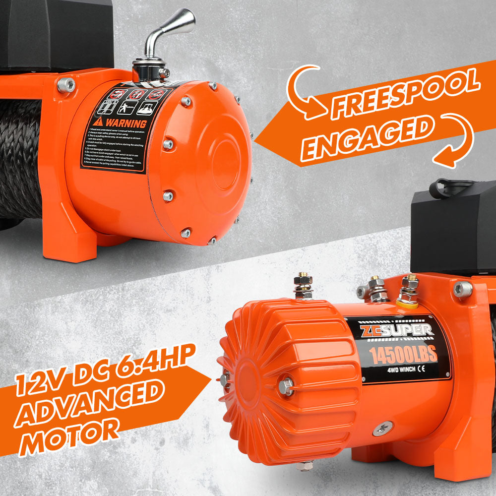 ZESUPER 12V Electric Winch 14500lbs Synthetic Rope Wireless Remote ATV UTV 4WD 3