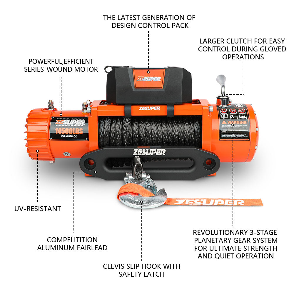 ZESUPER 12V Electric Winch 14500lbs Synthetic Rope Wireless Remote ATV UTV 4WD 10