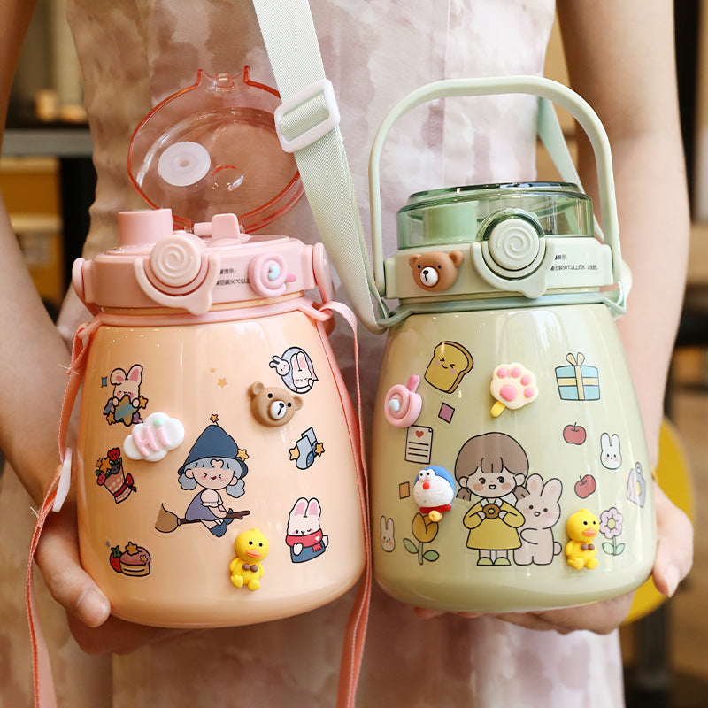 1000ml Large Water Bottle Stainless Steel Straw Water Jug with FREE Sticker Packs (White) 3