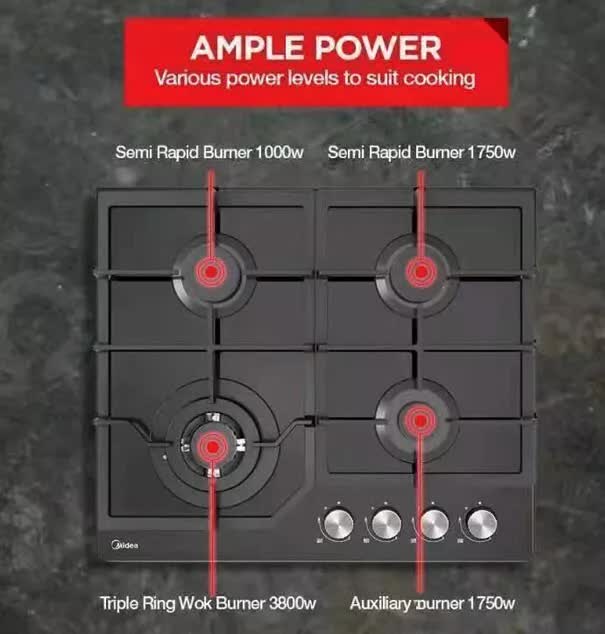 Gas Glass Cooktop 60cm Black 3