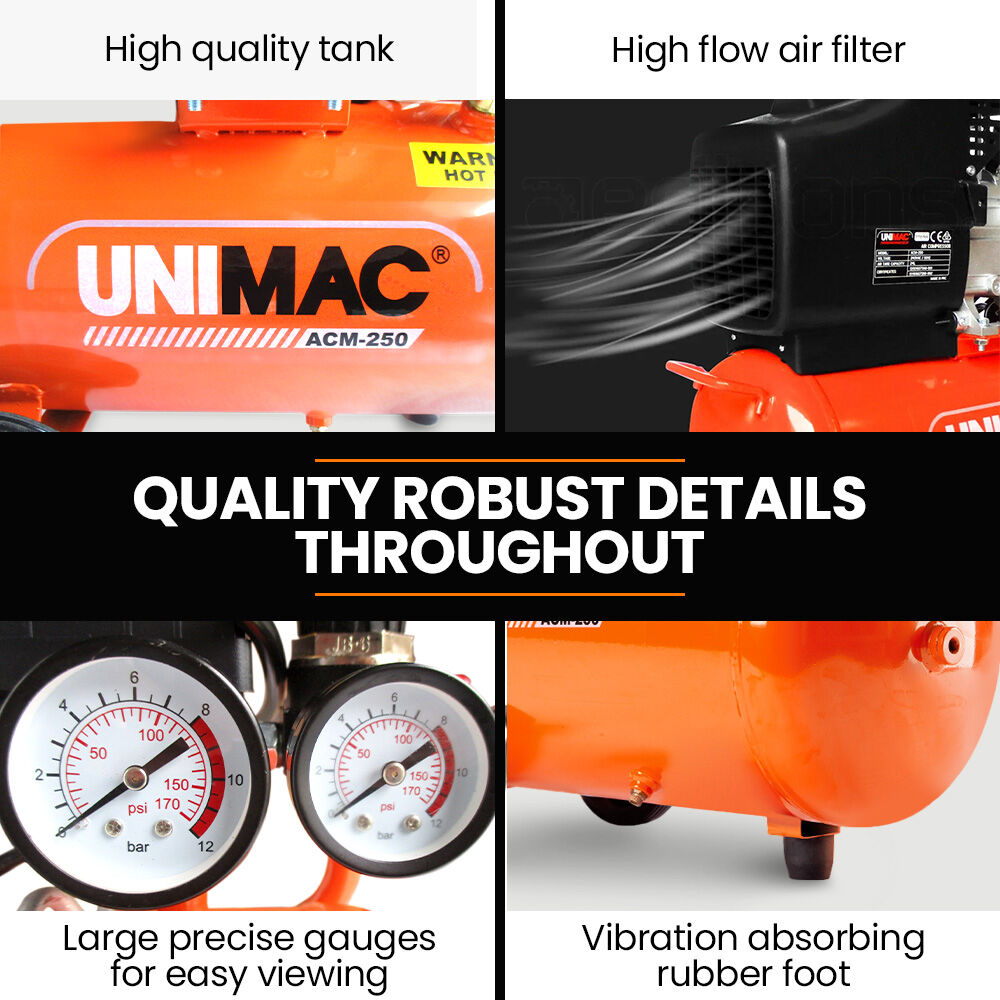 UNIMAC 24L 2.0HP Air Compressor, Direct Drive, 2 Couplers for Airtools Tyre Inflation, Portable, Electric 4