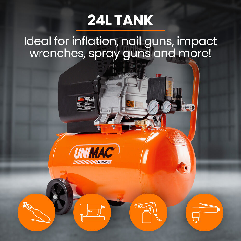 UNIMAC 24L 2.0HP Air Compressor, Direct Drive, 2 Couplers for Airtools Tyre Inflation, Portable, Electric 6