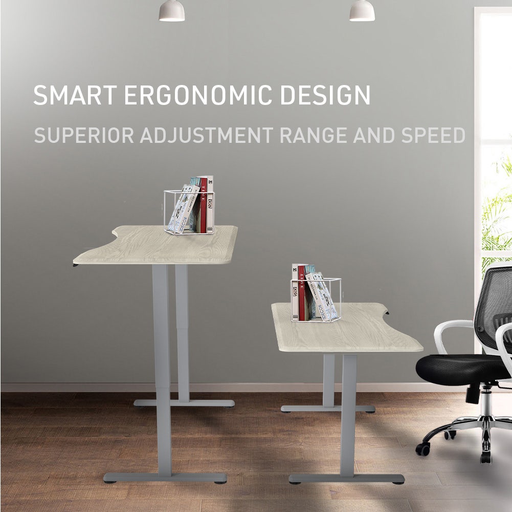 FORTIA Sit To Stand Up Standing Desk, 150x68cm, 72-118cm Electric Height Adjustable, Ergonomically Curved Edge, 50kg Rated, White Oak Style/Silver Frame