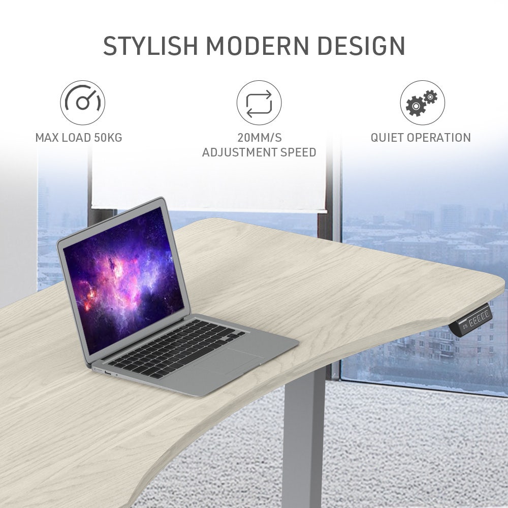 FORTIA Sit To Stand Up Standing Desk, 150x68cm, 72-118cm Electric Height Adjustable, Ergonomically Curved Edge, 50kg Rated, White Oak Style/Silver Frame 10