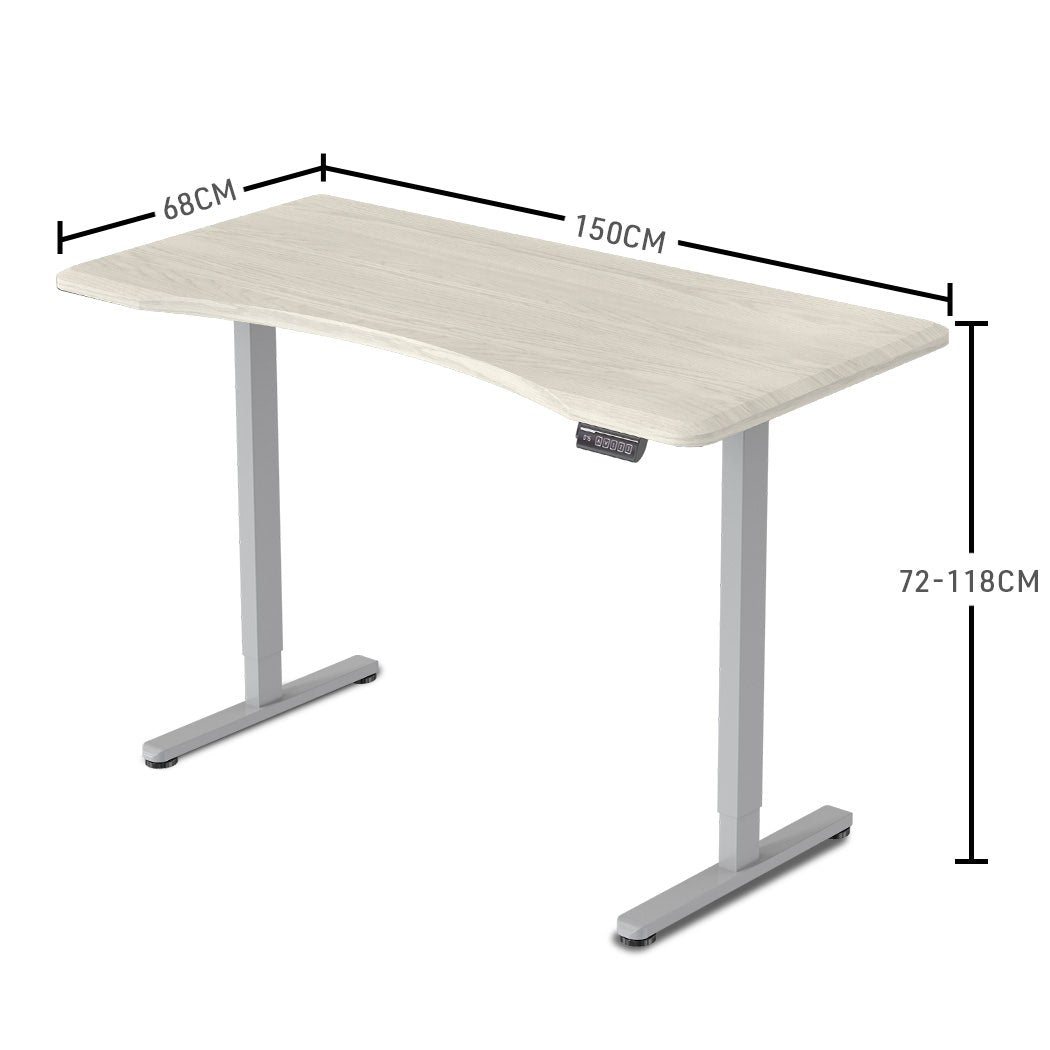 FORTIA Sit To Stand Up Standing Desk, 150x68cm, 72-118cm Electric Height Adjustable, Ergonomically Curved Edge, 50kg Rated, White Oak Style/Silver Frame 11