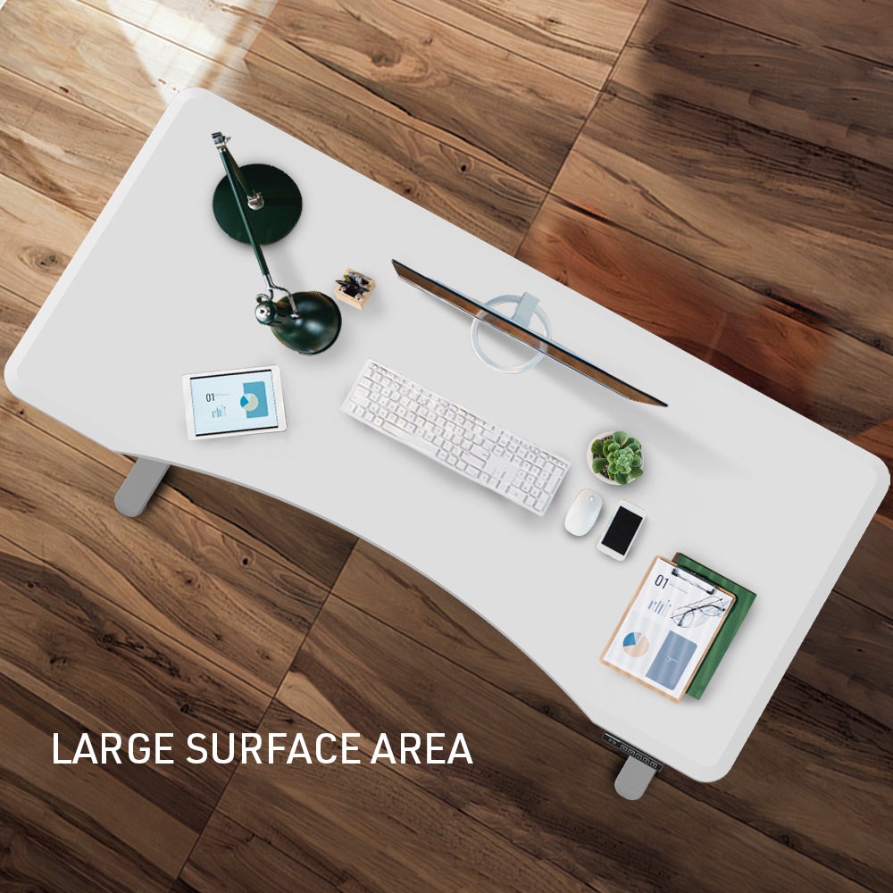 FORTIA Sit To Stand Up Standing Desk, 150x68cm, 72-118cm Electric Height Adjustable, Ergonomically Curved Edge, 50kg Rated, White/Silver Frame 4