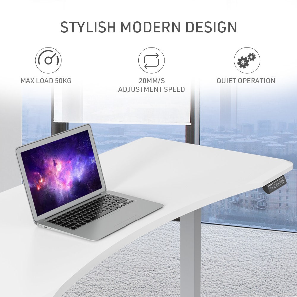 FORTIA Sit To Stand Up Standing Desk, 150x68cm, 72-118cm Electric Height Adjustable, Ergonomically Curved Edge, 50kg Rated, White/Silver Frame 10
