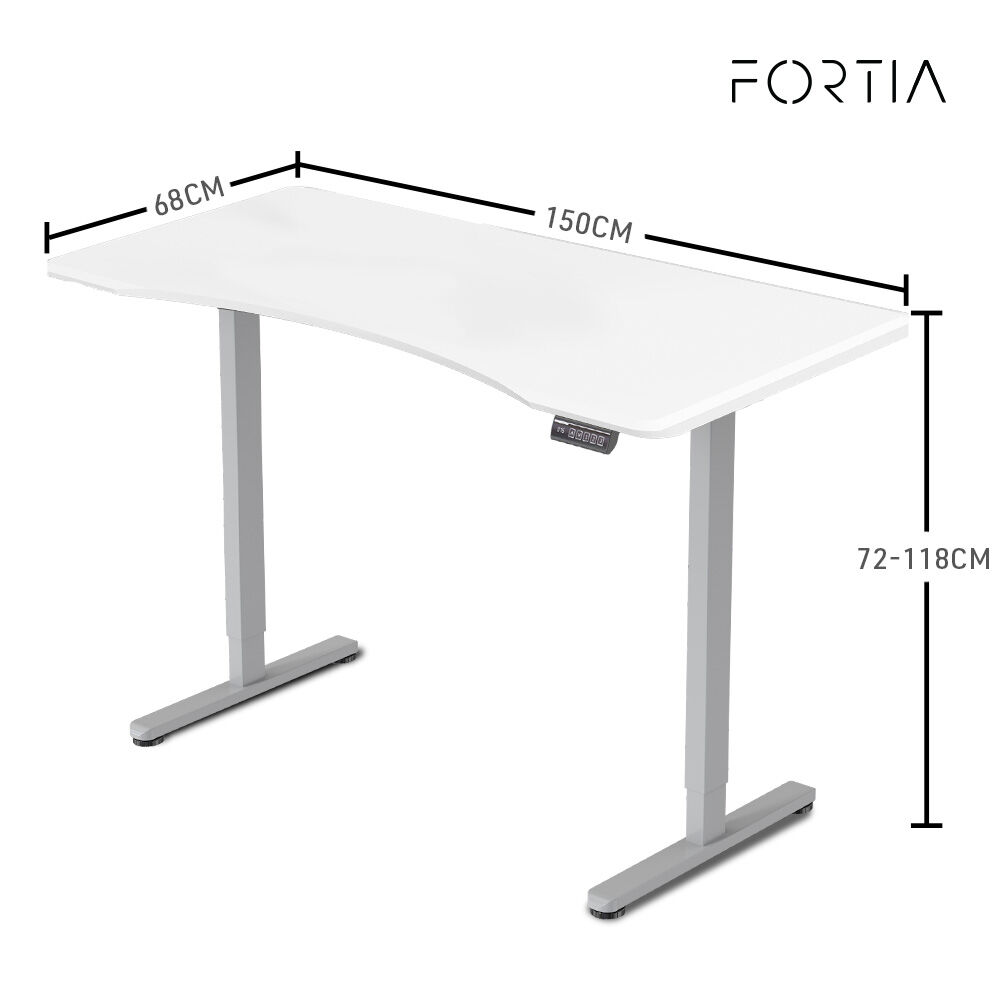 FORTIA Sit To Stand Up Standing Desk, 150x68cm, 72-118cm Electric Height Adjustable, Ergonomically Curved Edge, 50kg Rated, White/Silver Frame 11