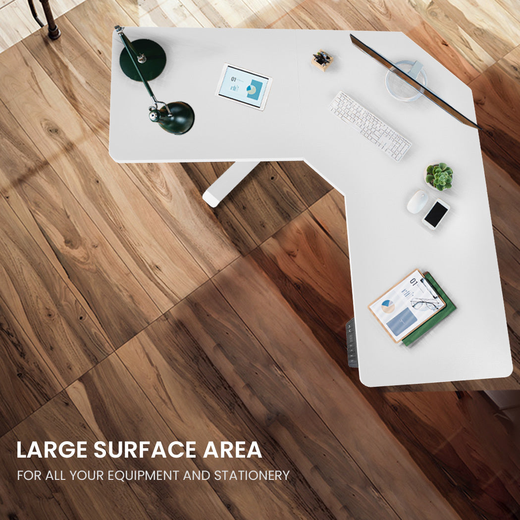 FORTIA 98W x 98W x 48D Dual-Motor 80kg Load Adjustable Electric Sit to Stand Up Corner Desk - White/White Frame 3