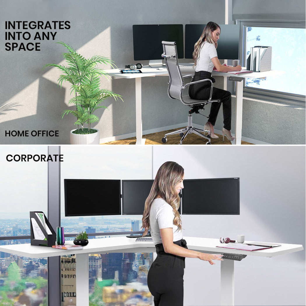 FORTIA 98W x 98W x 48D Dual-Motor 80kg Load Adjustable Electric Sit to Stand Up Corner Desk - White/White Frame 10