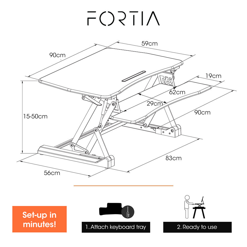 Fortia Desk Riser 90cm Wide Adjustable Sit to Stand for Dual Monitor, Keyboard, Laptop, Black 6