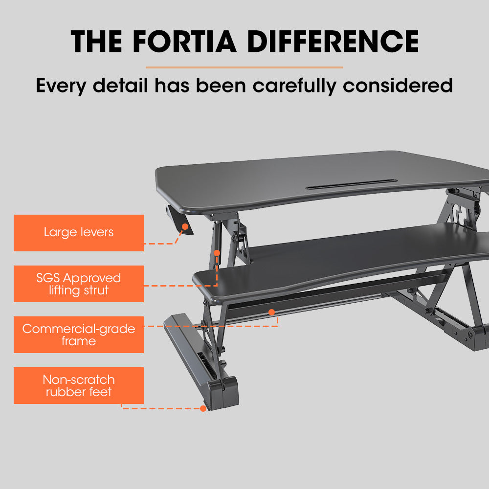 Fortia Desk Riser 90cm Wide Adjustable Sit to Stand for Dual Monitor, Keyboard, Laptop, Black 7