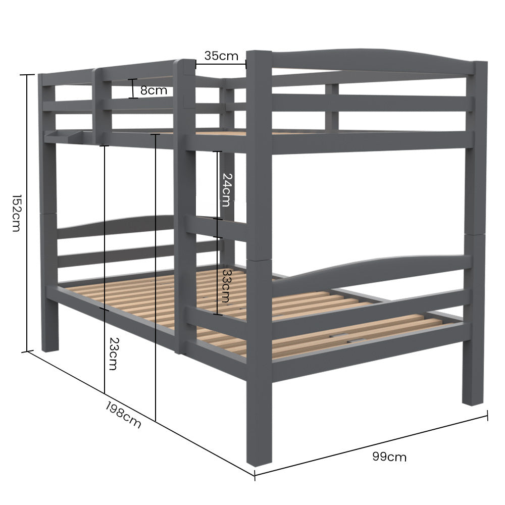 KINGSTON SLUMBER Single Bunk Bed Frame, Solid Pine 2-in-1 Modular Design, Converts to 2 Single Beds, For Kids, Grey 10