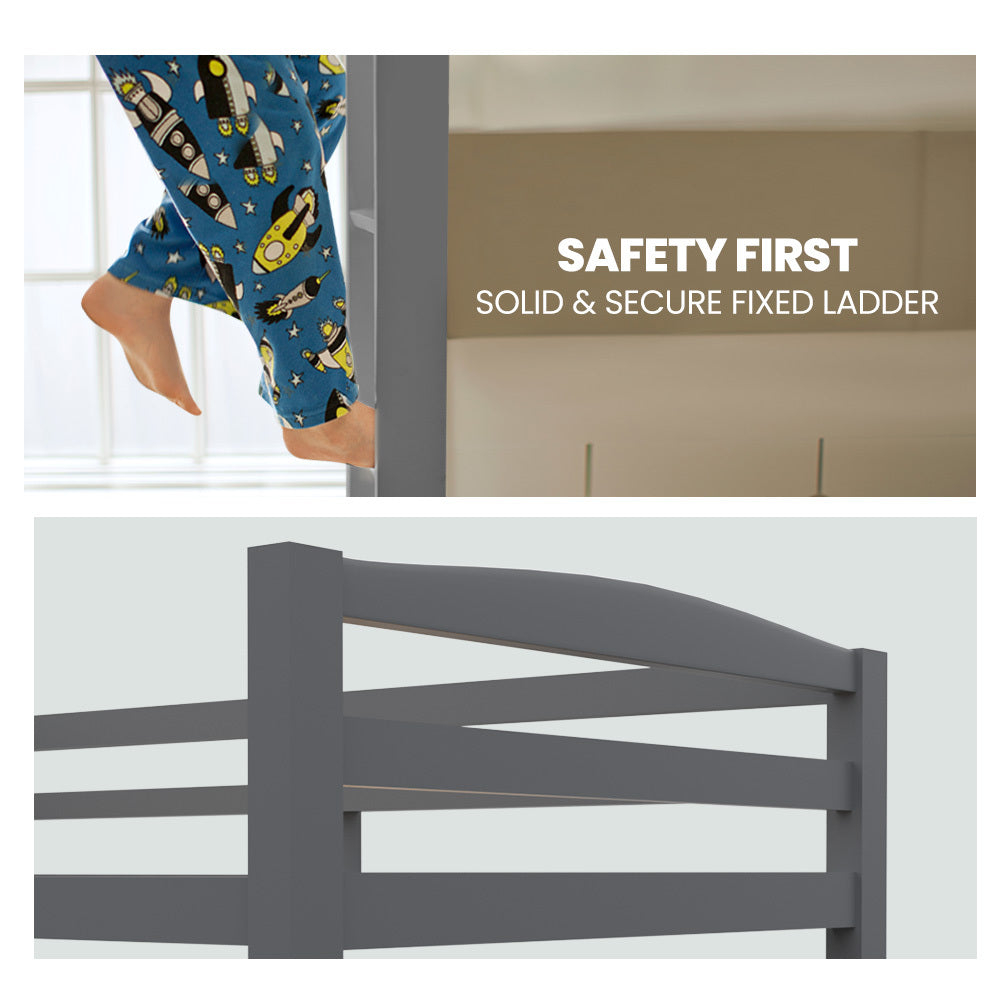 KINGSTON SLUMBER Single Bunk Bed Frame, Solid Pine 2-in-1 Modular Design, Converts to 2 Single Beds, For Kids, Grey 6