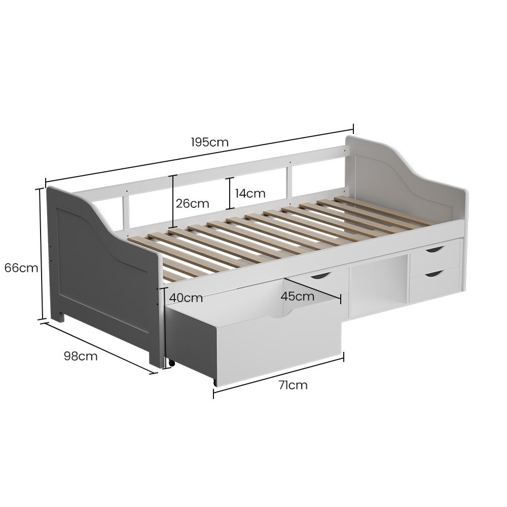 Kingston Slumber Wooden Single Sofa Bed Frame with Storage Drawers - White 10