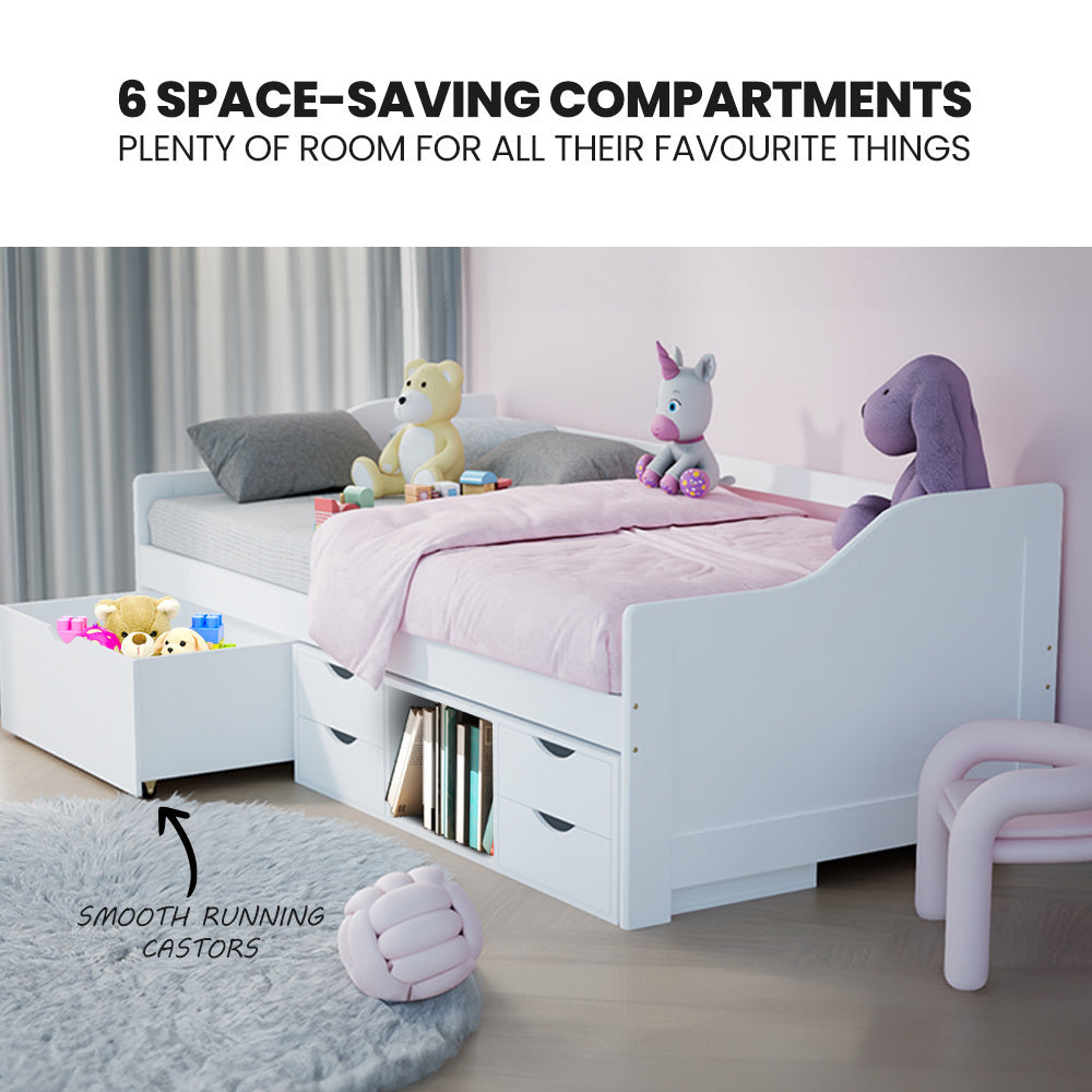 Kingston Slumber Wooden Single Sofa Bed Frame with Storage Drawers - White 7