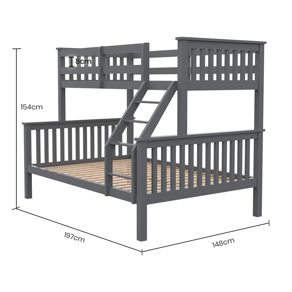 Kingston Slumber Bunk Bed Triple Wooden Single Over Double Beds for Kids, Solid Pine Wood, Convertible Design, Grey 10
