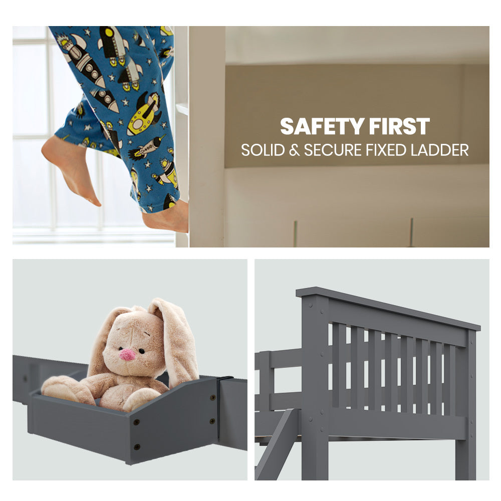 Kingston Slumber Bunk Bed Triple Wooden Single Over Double Beds for Kids, Solid Pine Wood, Convertible Design, Grey 7