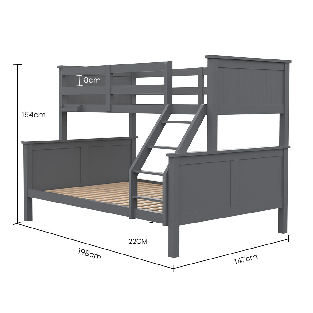 Kingston Slumber Triple Wooden Single Over Double Bunk Bed Frame for Kids, Convertible Design, Grey 10