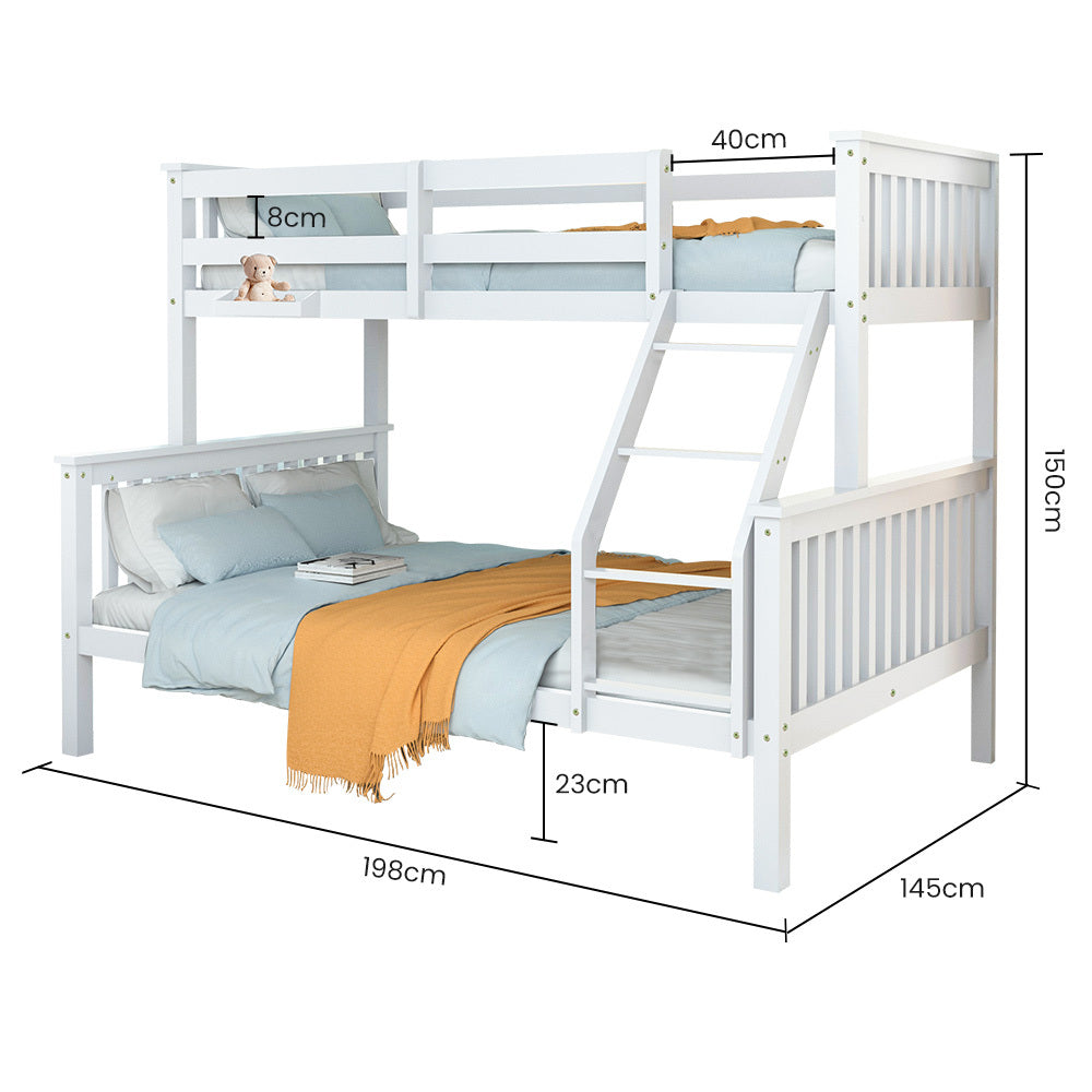 Kingston Slumber Single Over Double Wooden Bunk Bed Frame, Triple Solid Pine 2-in-1 Modular Design, Converts to 2 Beds, For Kids, White 10