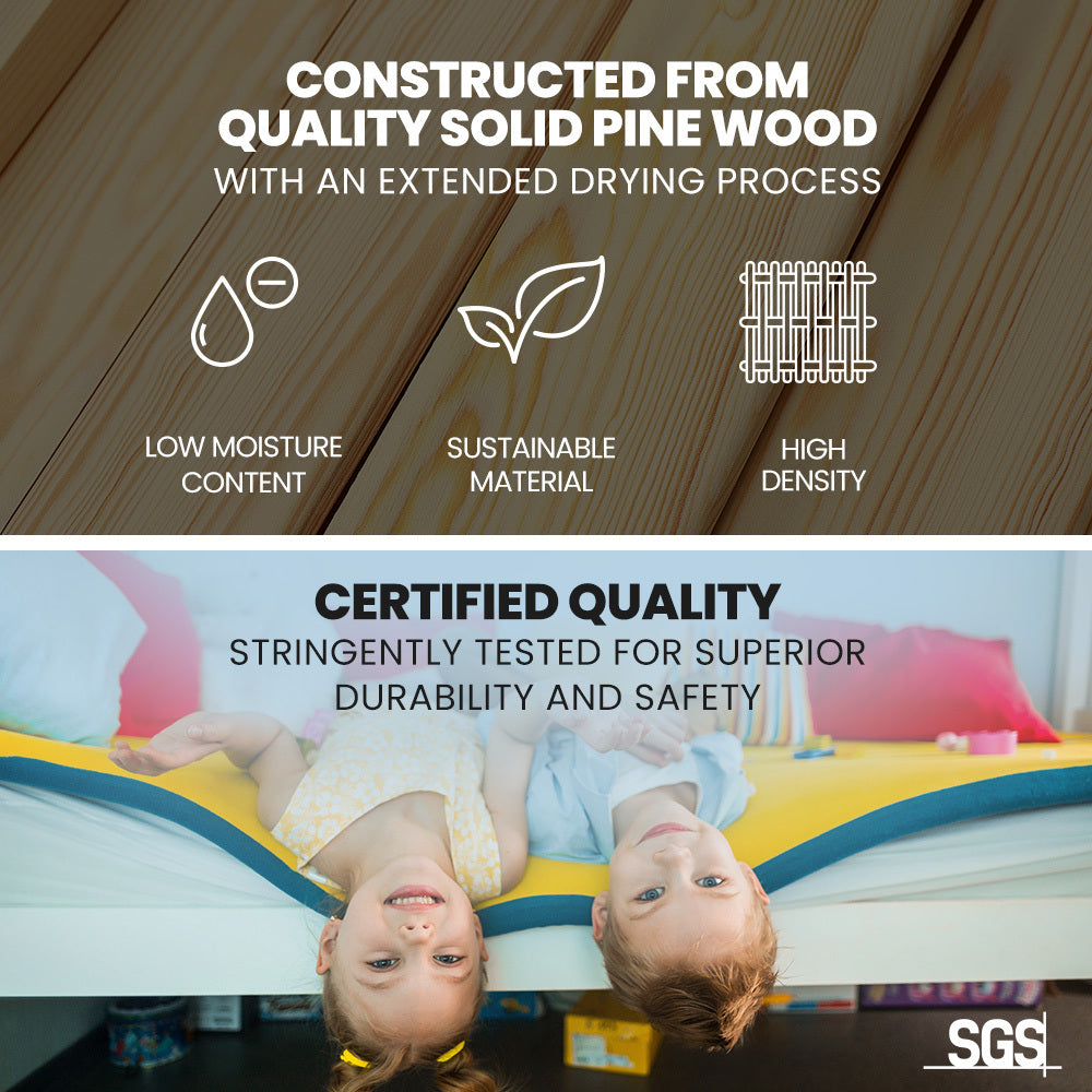 Kingston Slumber Single Over Double Wooden Bunk Bed Frame, Triple Solid Pine 2-in-1 Modular Design, Converts to 2 Beds, For Kids, White 3