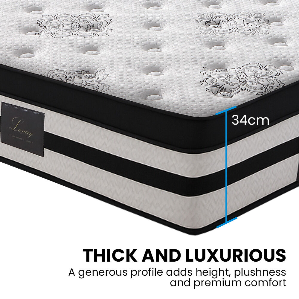 KINGSTON SLUMBER Luxury 34cm Single Mattress, Medium Firm, Euro Top, 5-Zone Pocket Spring Foam 10