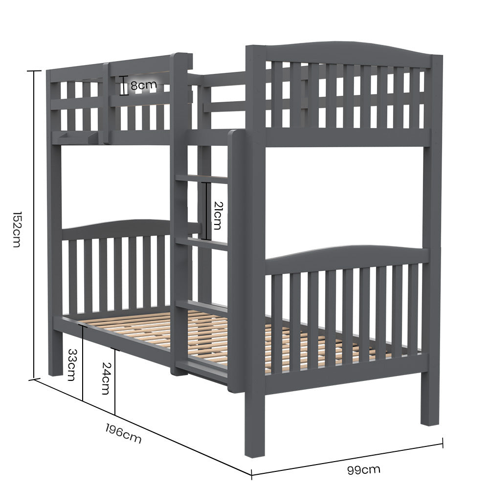 Kingston Slumber Single Bunk Bed Frame Solid Pine Wood Timber, Modular Design, Grey 10