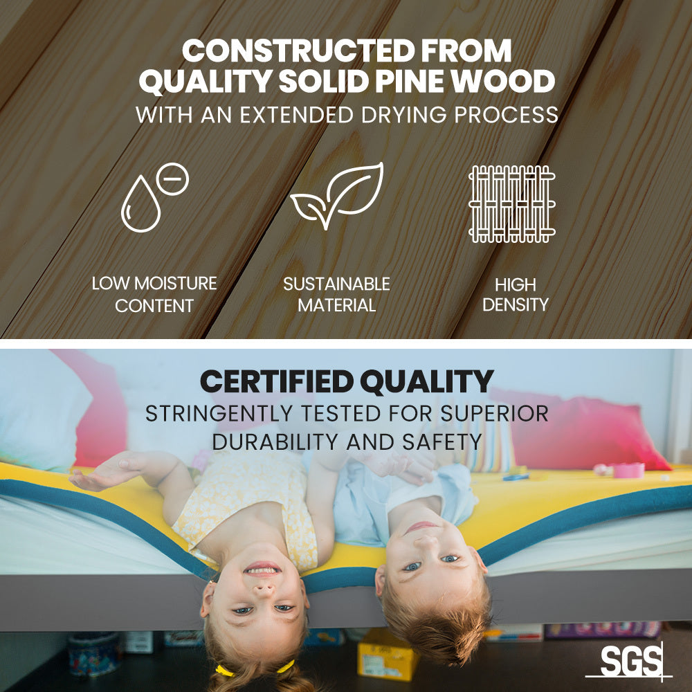 Kingston Slumber Single Bunk Bed Frame Solid Pine Wood Timber, Modular Design, Grey 4