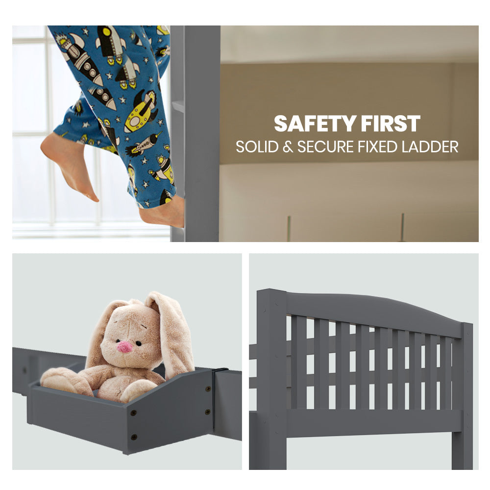 Kingston Slumber Single Bunk Bed Frame Solid Pine Wood Timber, Modular Design, Grey 7