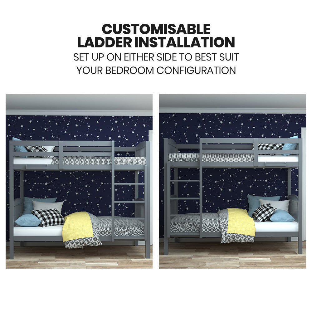 Kingston Slumber Single Bunk Bed Frame Solid Pine Wood Timber, Modular Design, Grey 8