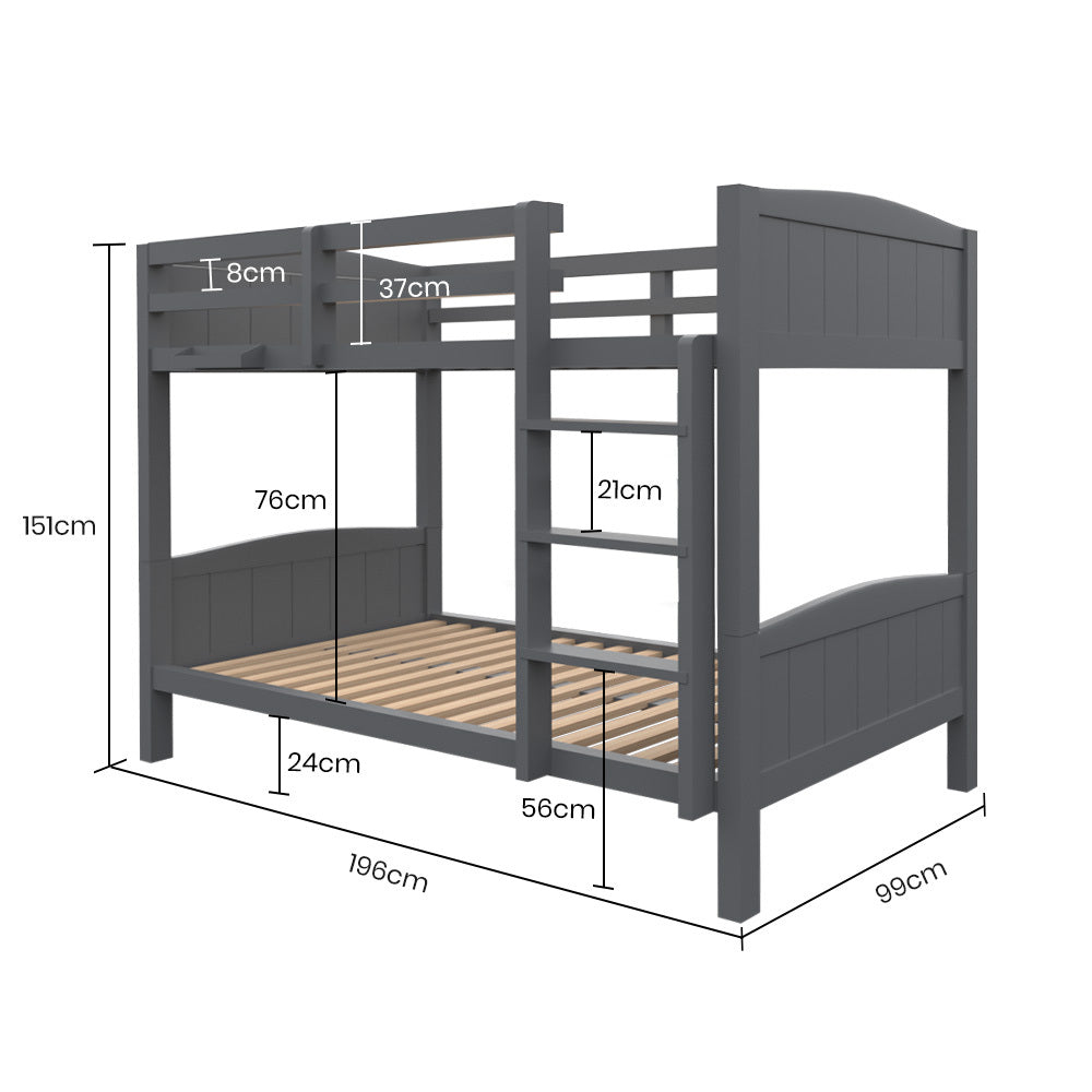KINGSTON SLUMBER Single Bunk Bed Frame, Solid Pine 2-in-1 Modular Design Convert to 2 Single Beds, Grey 10