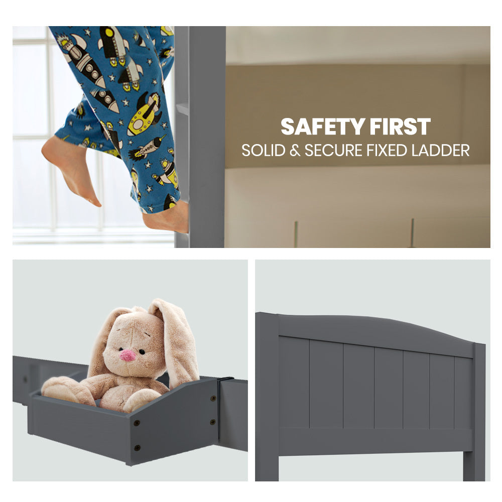 KINGSTON SLUMBER Single Bunk Bed Frame, Solid Pine 2-in-1 Modular Design Convert to 2 Single Beds, Grey 6