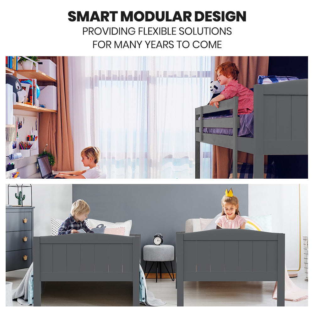 KINGSTON SLUMBER Single Bunk Bed Frame, Solid Pine 2-in-1 Modular Design Convert to 2 Single Beds, Grey 8