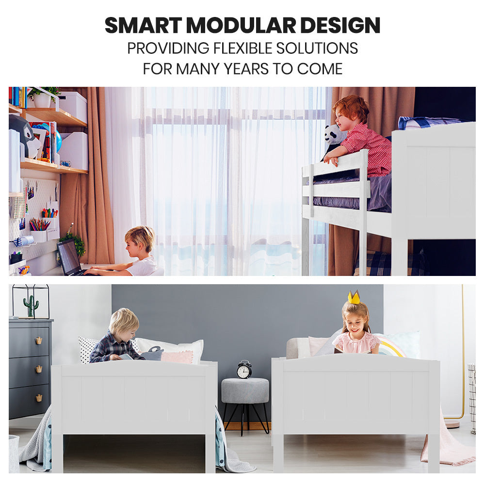 Kingston Slumber Single Bunk Bed Frame Solid Pine Wood Timber, Modular Design, White 9