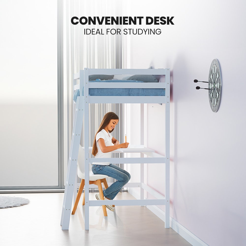 KINGSTON SLUMBER Wooden Kids Single Loft Bed Frame with Desk - White 8