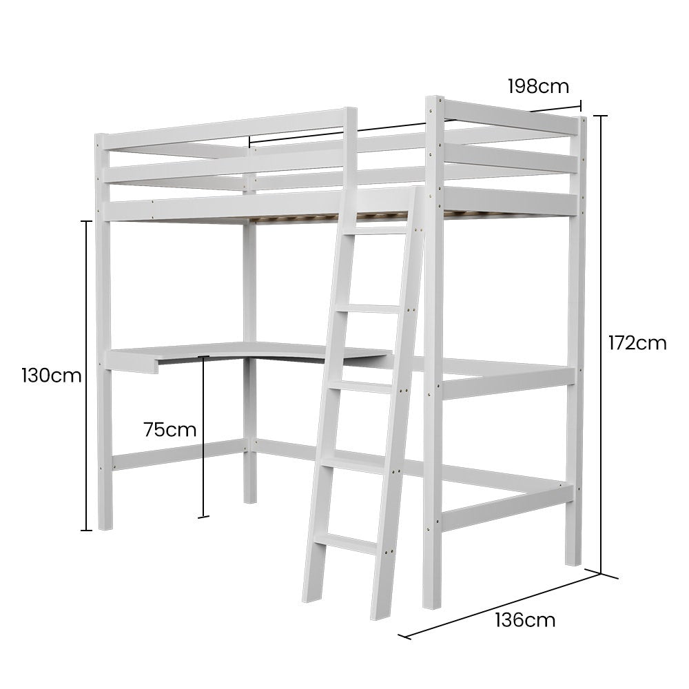 KINGSTON SLUMBER Wooden Kids Single Loft Bed Frame with Desk - White 12