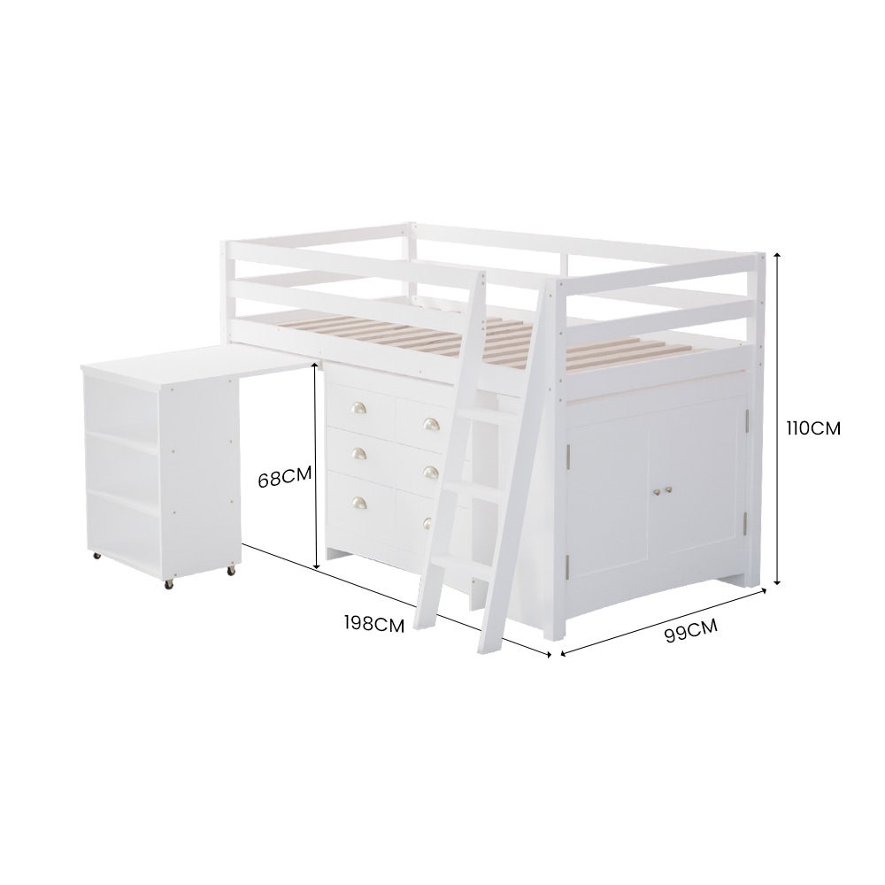 KINGSTON SLUMBER Wooden Kids Single Loft Bed Frame with Pull Out Desk, Storage Drawers, Cabinet - White 12