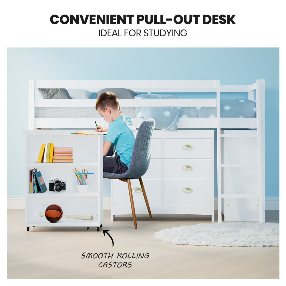 KINGSTON SLUMBER Wooden Kids Single Loft Bed Frame with Pull Out Desk, Storage Drawers, Cabinet - White 4
