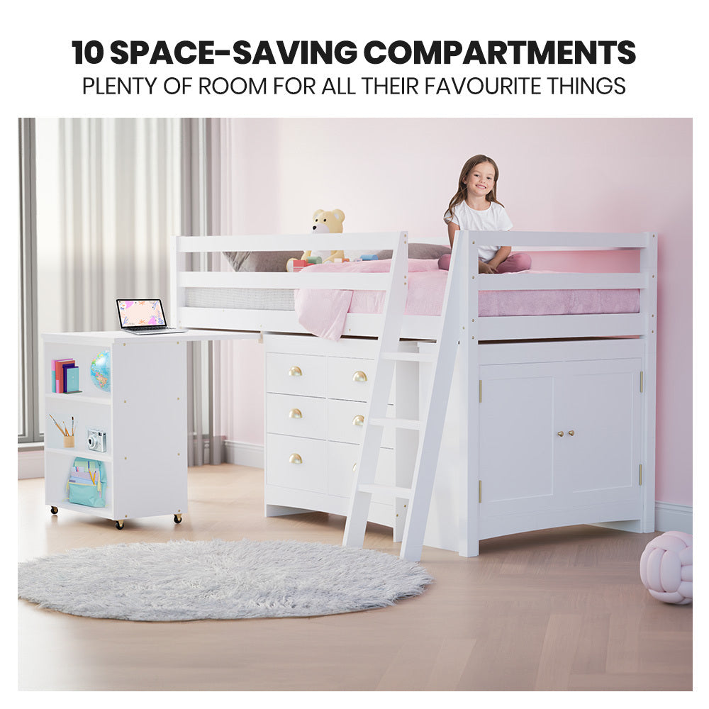 KINGSTON SLUMBER Wooden Kids Single Loft Bed Frame with Pull Out Desk, Storage Drawers, Cabinet - White 5