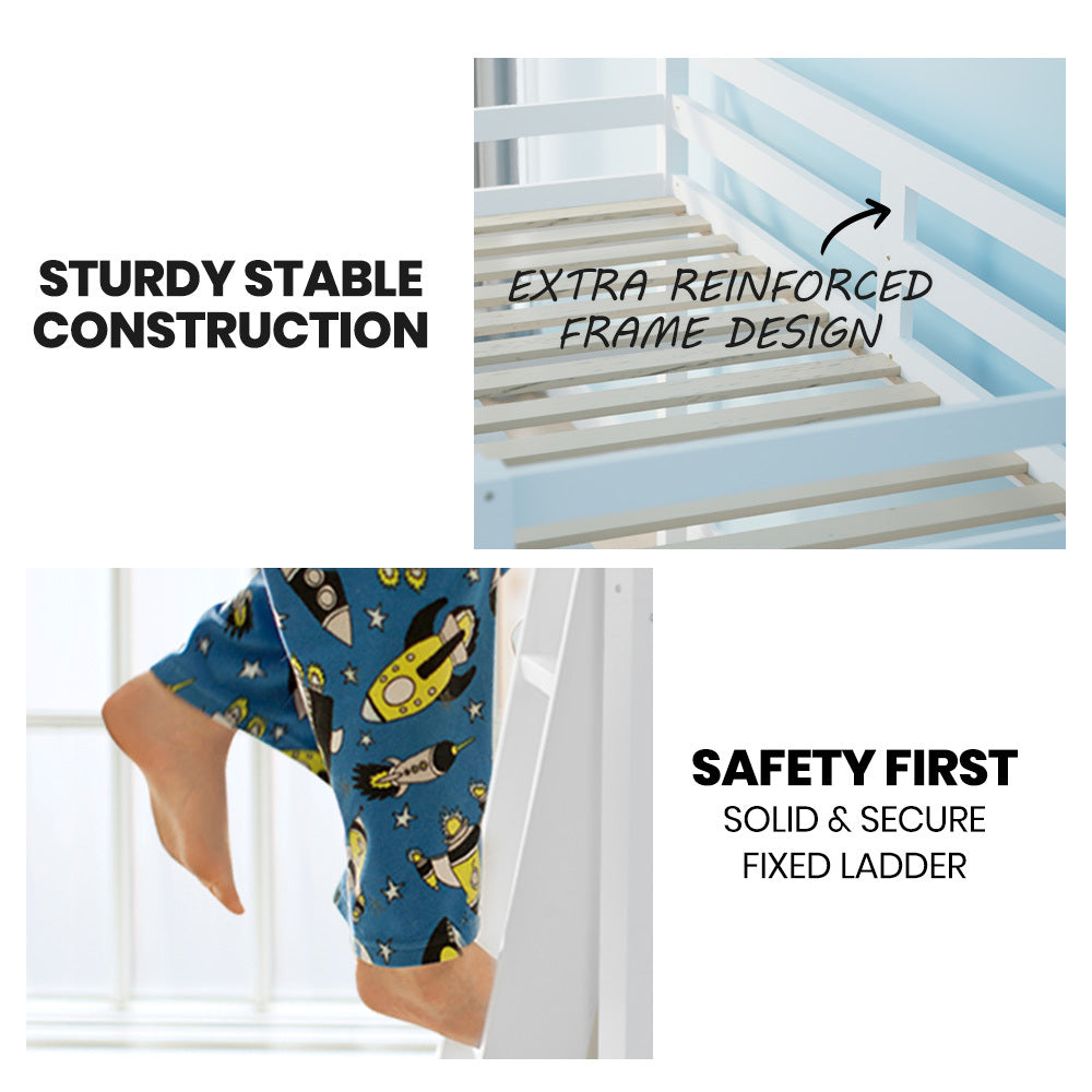 KINGSTON SLUMBER Wooden Kids Single Loft Bed Frame with Pull Out Desk, Storage Drawers, Cabinet - White 8