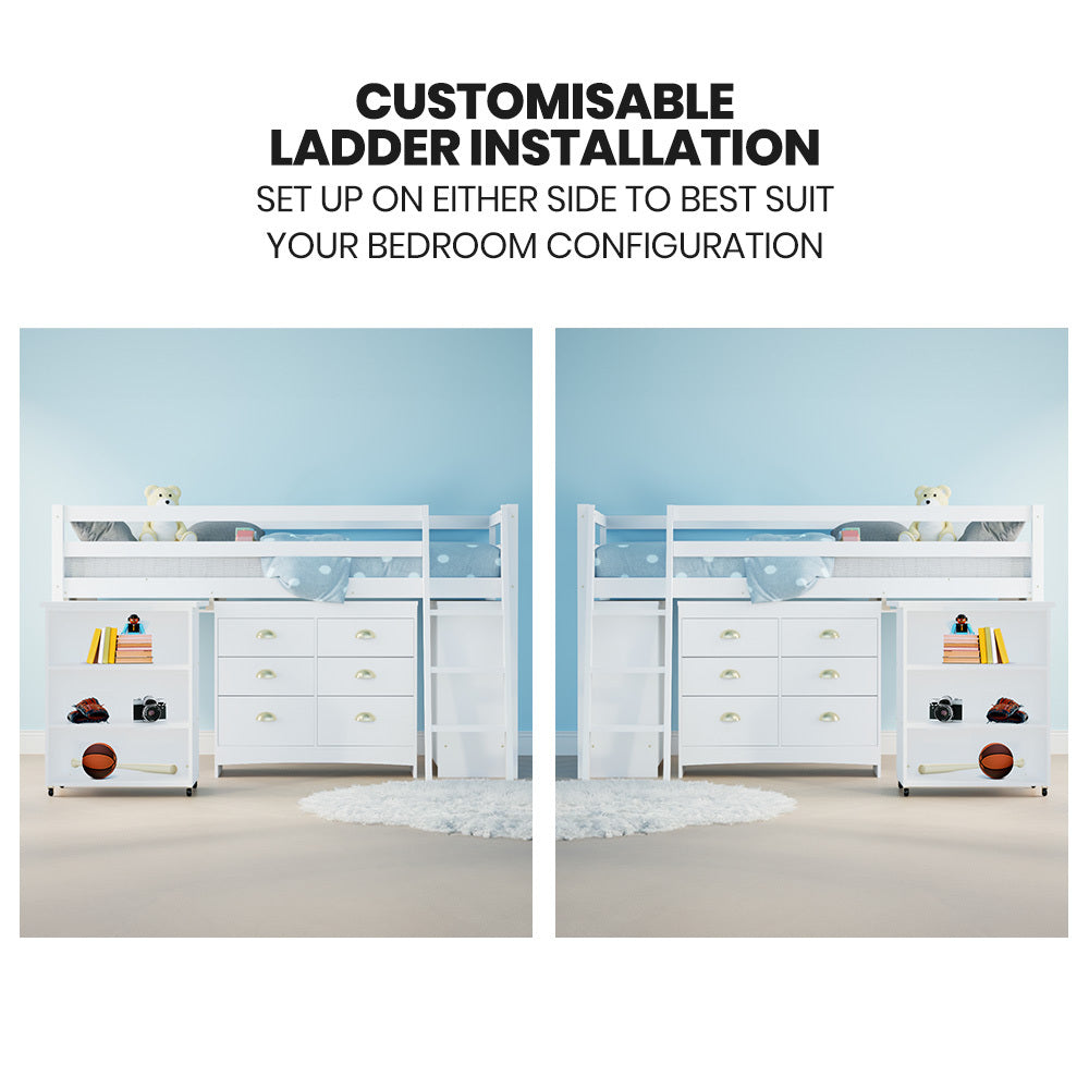 KINGSTON SLUMBER Wooden Kids Single Loft Bed Frame with Pull Out Desk, Storage Drawers, Cabinet - White 9