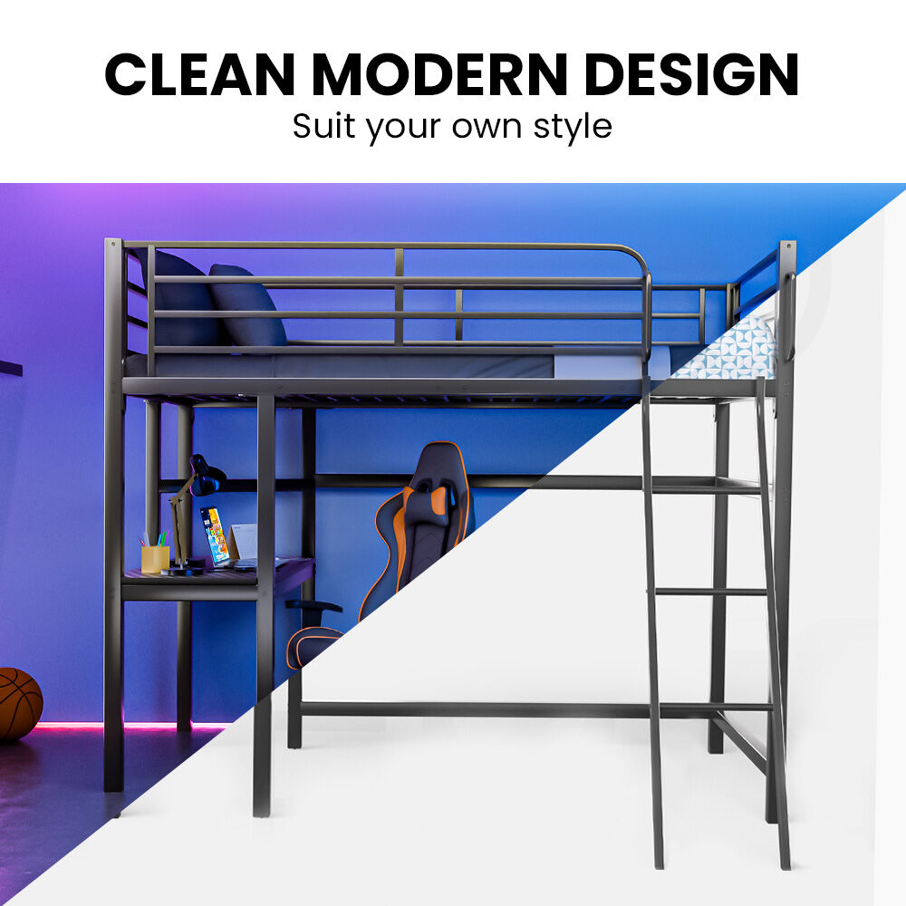 Gaming Loft Bed with Desk, Steel Metal Frame, Space Saving Design, for Single Mattress, Matte Dark Grey 3
