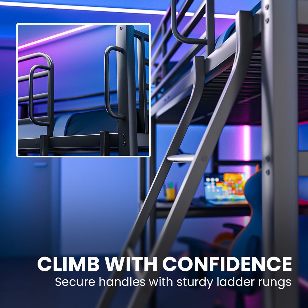 Gaming Loft Bed with Desk, Steel Metal Frame, Space Saving Design, for Single Mattress, Matte Dark Grey 5